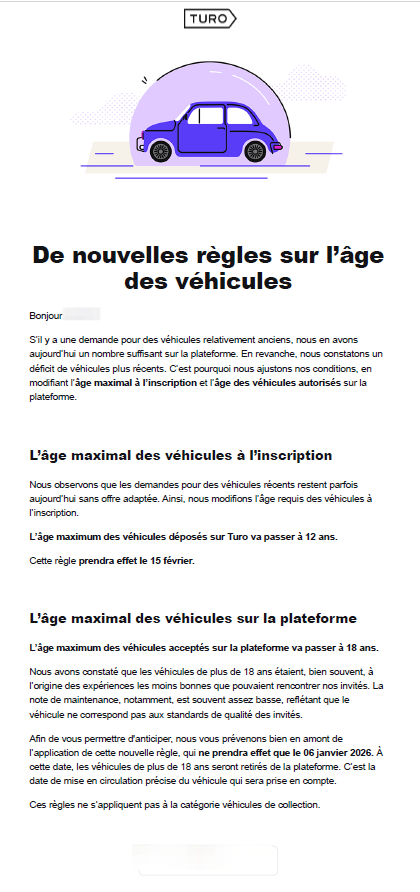 Mail reçu le 11 Janvier 2025 annonçant les nouvelles conditions sur Turo